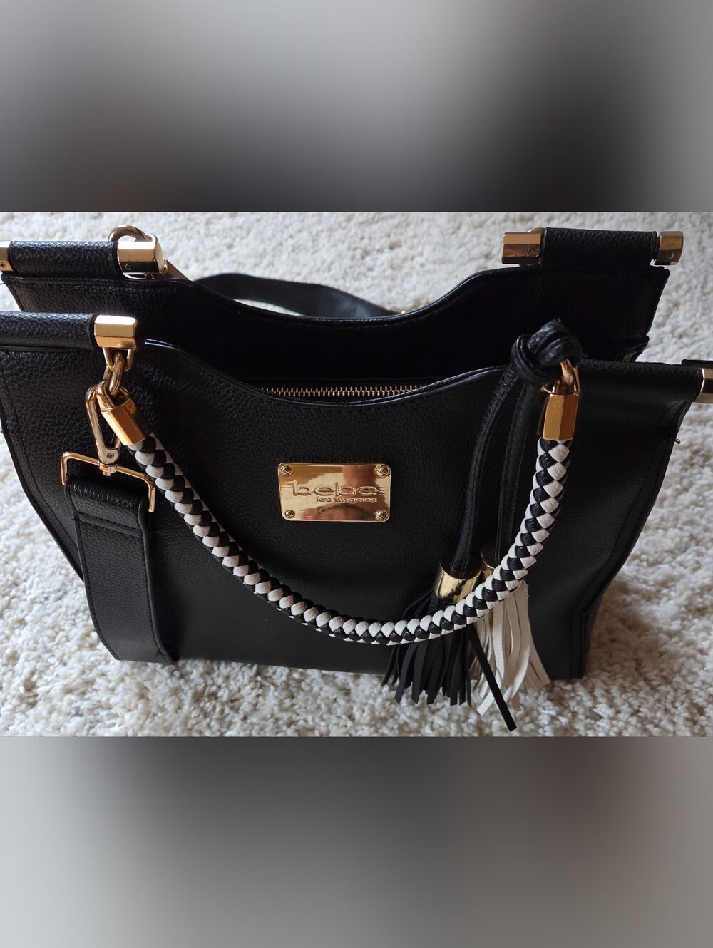 Bebe Los Angeles Black Pebbled Satchel With Gold Hardware